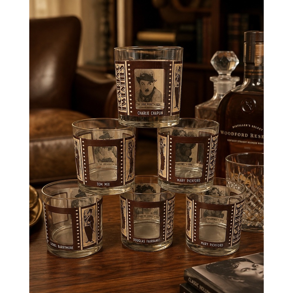Set of 6 Vintage Roaring Twenties Hollywood 10 Oz Whiskey Rocks Glasses Gold Rim